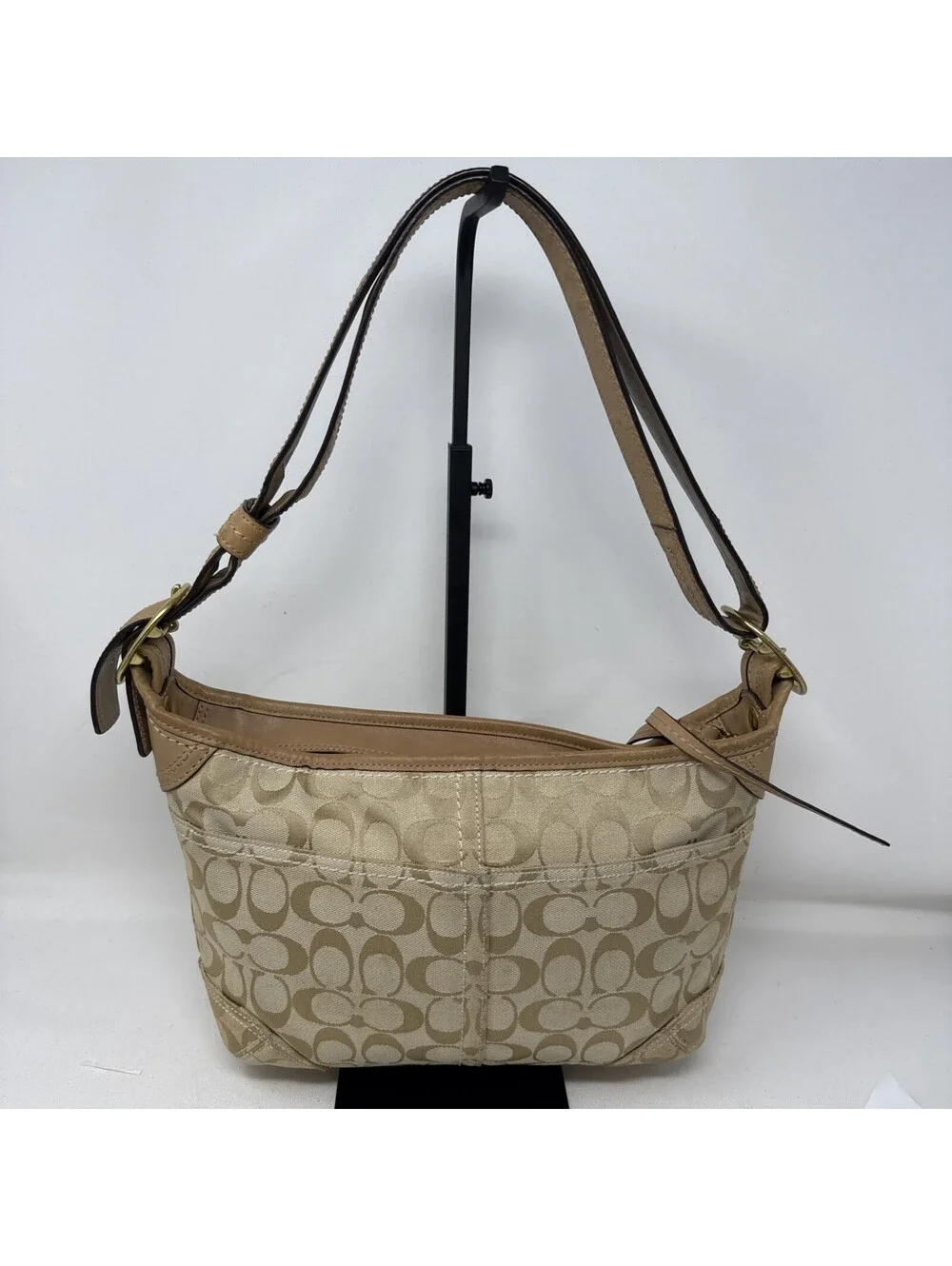 Coach Signature Monogram Crescent Shoulder Bag Beige